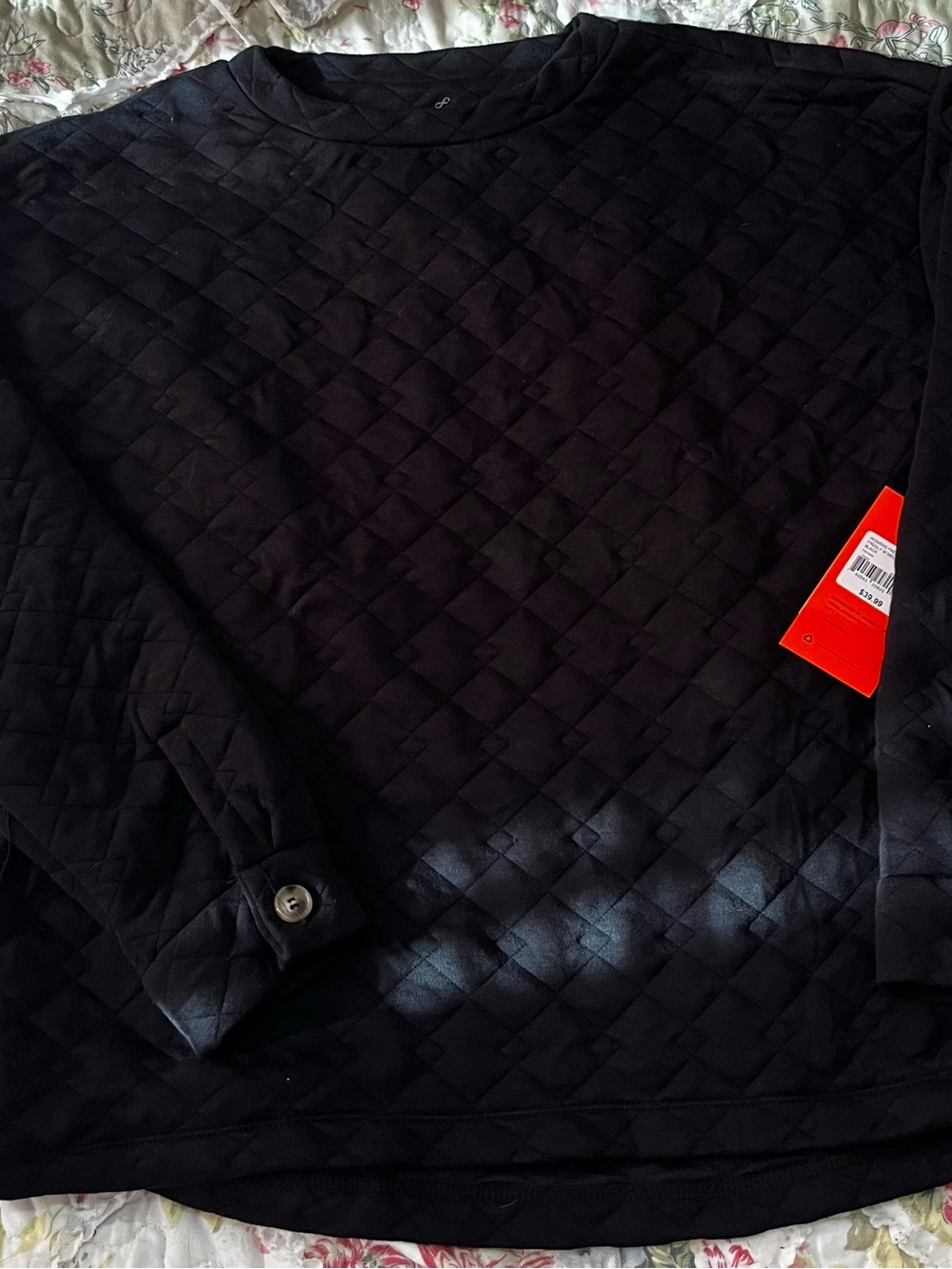 Quilted Black Pullover Sweatshirt with Button-Cuff Detail - Freely